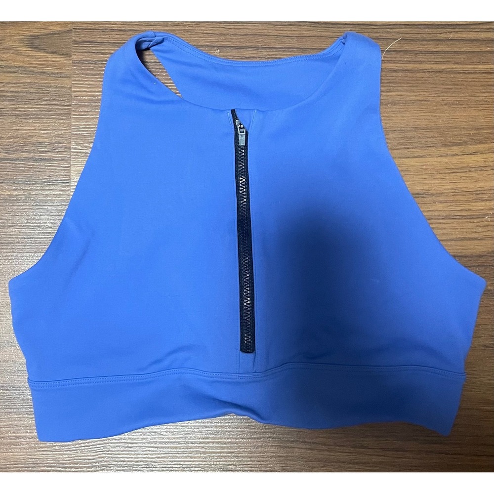 Peloton Womens High Neck Front Zip Sports Bra Blue Racerback Logo Band Size M